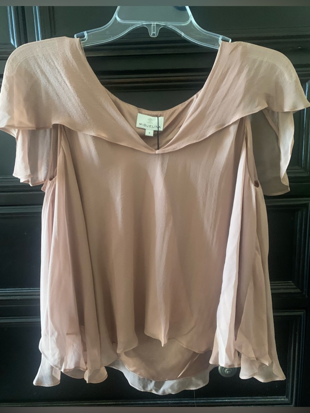 Miguelina Tea Rose Pink  Silk Chiffon Blouse
With layers and capelet